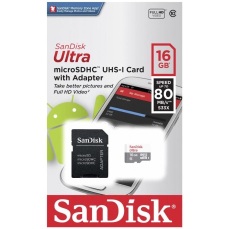 Tarjeta de Memoria Micro SD SANDISK SDHC 16Gb + Adapt. C10 (SDSQUNS-016G-GN3MA)