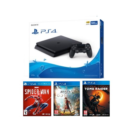 Consola PS4 Slim 500GB Con Juegos Spiderman + Assassin Odyssey + Tomb Raider